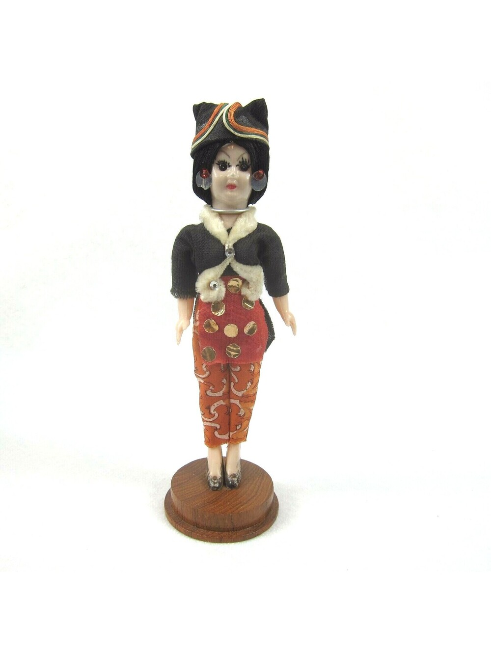 Vintage 1950s North Thailand Thai Doll Figurine 9" Handmade Cloth & Wood Base